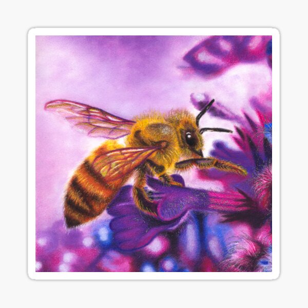 Bee with Purple & Blue Flowers | Wildlife Drawing | Nature Art Sticker