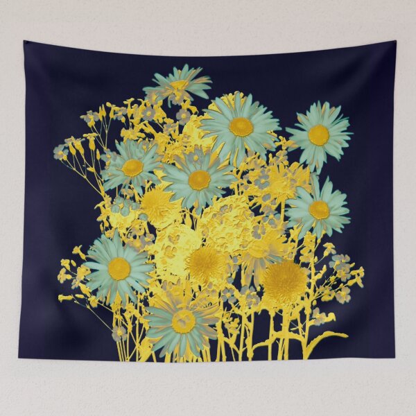 Aperçu de l'œuvre marguerites bleues et or/blue daisies and gold créée et vendue par clemfloral.