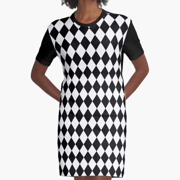 Classic Black and White Harlequin Diamond Check Graphic T-Shirt Dress