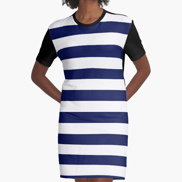 Classic Navy Blue and White Large Horizontal Cabana Tent Stripe Graphic T-Shirt Dress