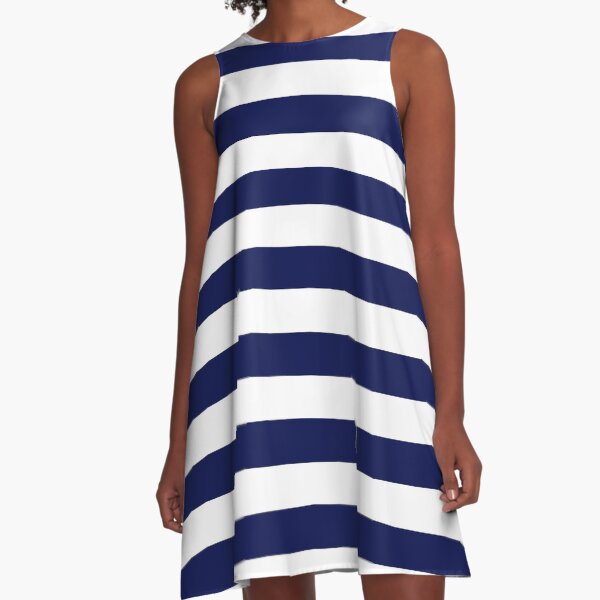 Classic Navy Blue and White Large Horizontal Cabana Tent Stripe A-Line Dress