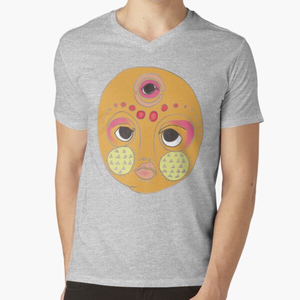 orange moon face with three eyes V-Neck T-Shirt
