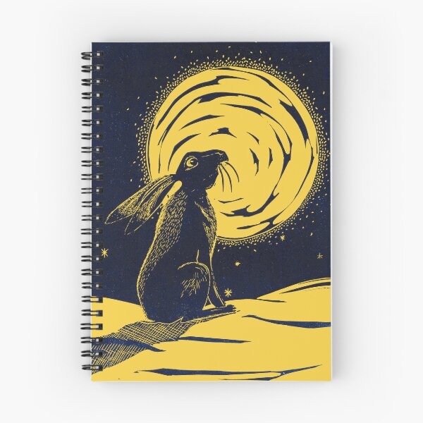 Item preview, Moon Gazing Hare Linocut in blue and yellow designed and sold by Maddy Bennett.