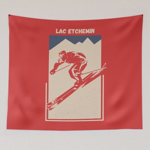 Aperçu de l'œuvre Lac Etchemin à Etchemins, Chaudière Appalaches, Québec, Canada, Amérique du Nord - Affiche de ski rouge vintage pour skieur alpin de montagne créée et vendue par Vintage-TM.
