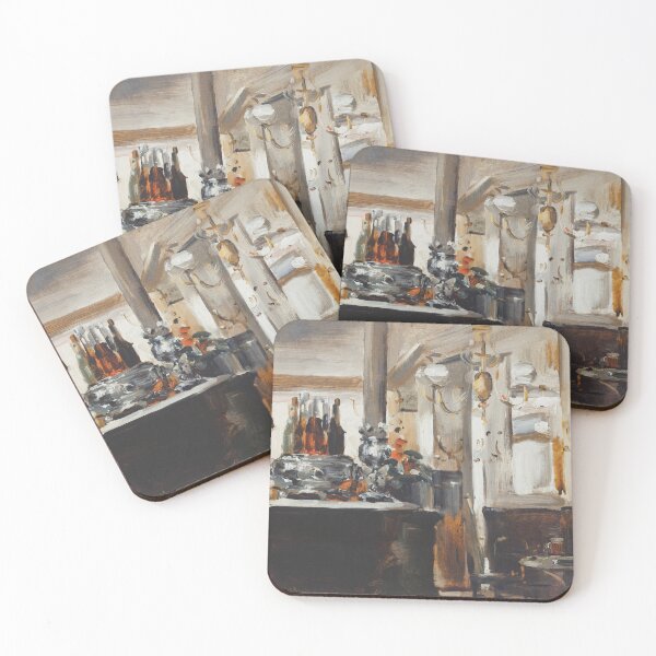 Item preview, Vintage woman in the coffeehouse, painting, moody warm neutral colors designed and sold by LeAllureVintage.