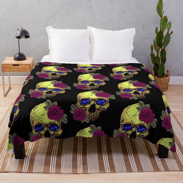 Item preview, Yellow skull with red violet roses and blue violet eyes. designed and sold by Francis Anderson.