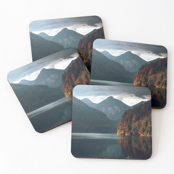 Item preview, Alpsee Lake with Mountain backdrop and orange autumnal forests - Bavarian Alps, Germany designed and sold by BackpackTravel.