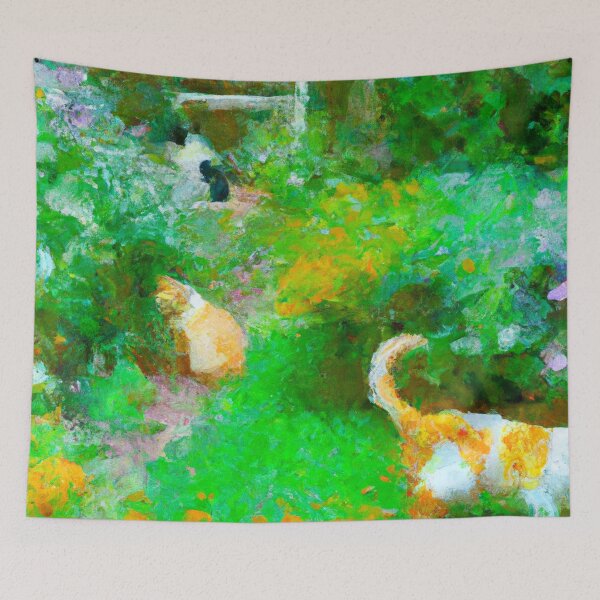 Item preview, impressionist style painting of a luscious garden filled with cats 2 designed and sold by xostarboyxo.