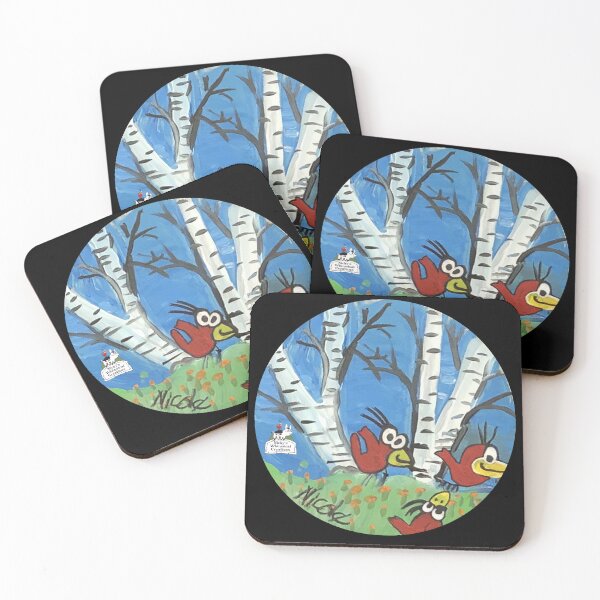Item preview, Red birds playing in birch tree with flowers + logo designed and sold by NickysWhimsical.