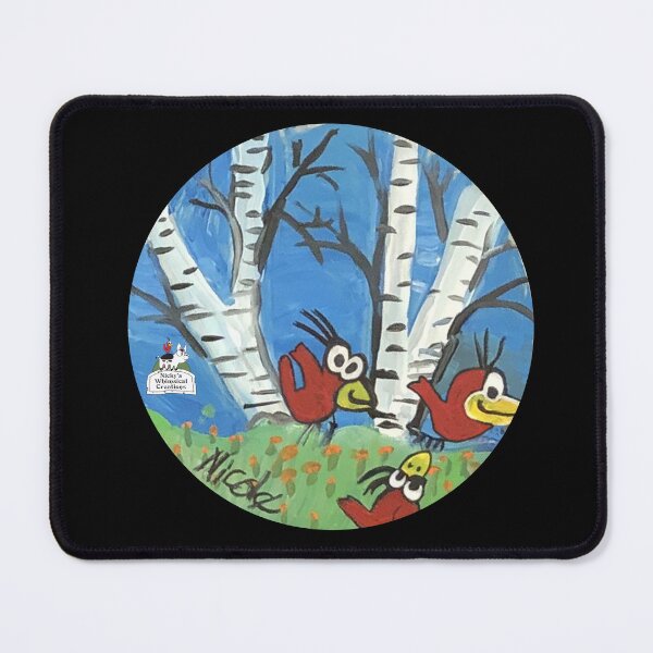 Item preview, Red birds playing in birch tree with flowers + logo designed and sold by NickysWhimsical.