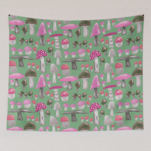 Item preview, Shroom lovin life in pinks on green background  designed and sold by katerosestudios.