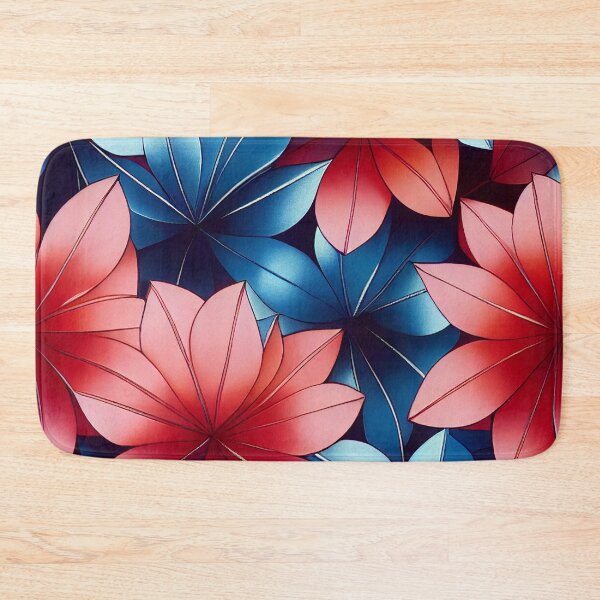 Blue and Red Flowers - Floral Design Bath Mat