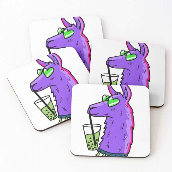 Item preview, funky purple llamma wearing tessels and heartshaped sunglasses, drinking matcha bubble tea cute gift designed and sold by AnanasArt.