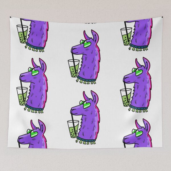 Item preview, funky purple llamma wearing tessels and heartshaped sunglasses, drinking matcha bubble tea cute gift designed and sold by AnanasArt.