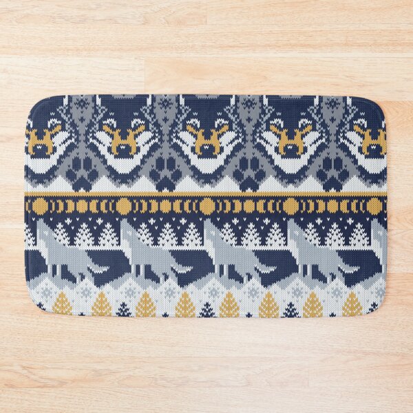 Item preview, Fair isle knitting grey wolf // navy blue and grey wolves yellow moons and pine trees designed and sold by SelmaCardoso.