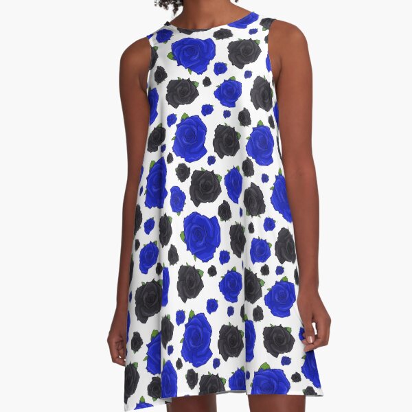 Blue and Black Roses A-Line Dress