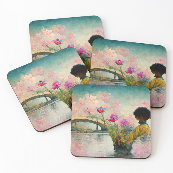 Item preview, Black child by a river with flowers, surreal pastel colours in dali style designed and sold by AmazinfArt.