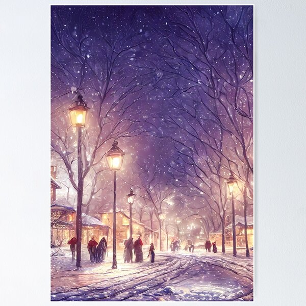 Item preview, Victorian vintage style snowing European village scene quaint little town moonlit at night starlight designed and sold by CGSGraphics.