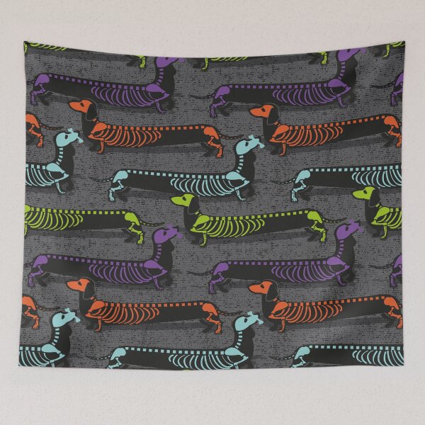 Item preview, Spooktacular long dachshunds skeleton // dark grey background multicoloured halloween dog bones designed and sold by SelmaCardoso.