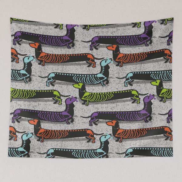 Item preview, Spooktacular long dachshunds skeleton // light grey background multicoloured halloween dog bones designed and sold by SelmaCardoso.
