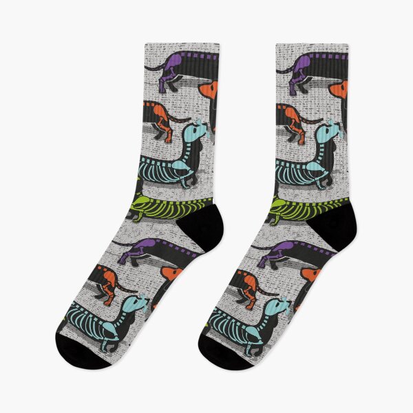 Item preview, Spooktacular long dachshunds skeleton // light grey background multicoloured halloween dog bones designed and sold by SelmaCardoso.