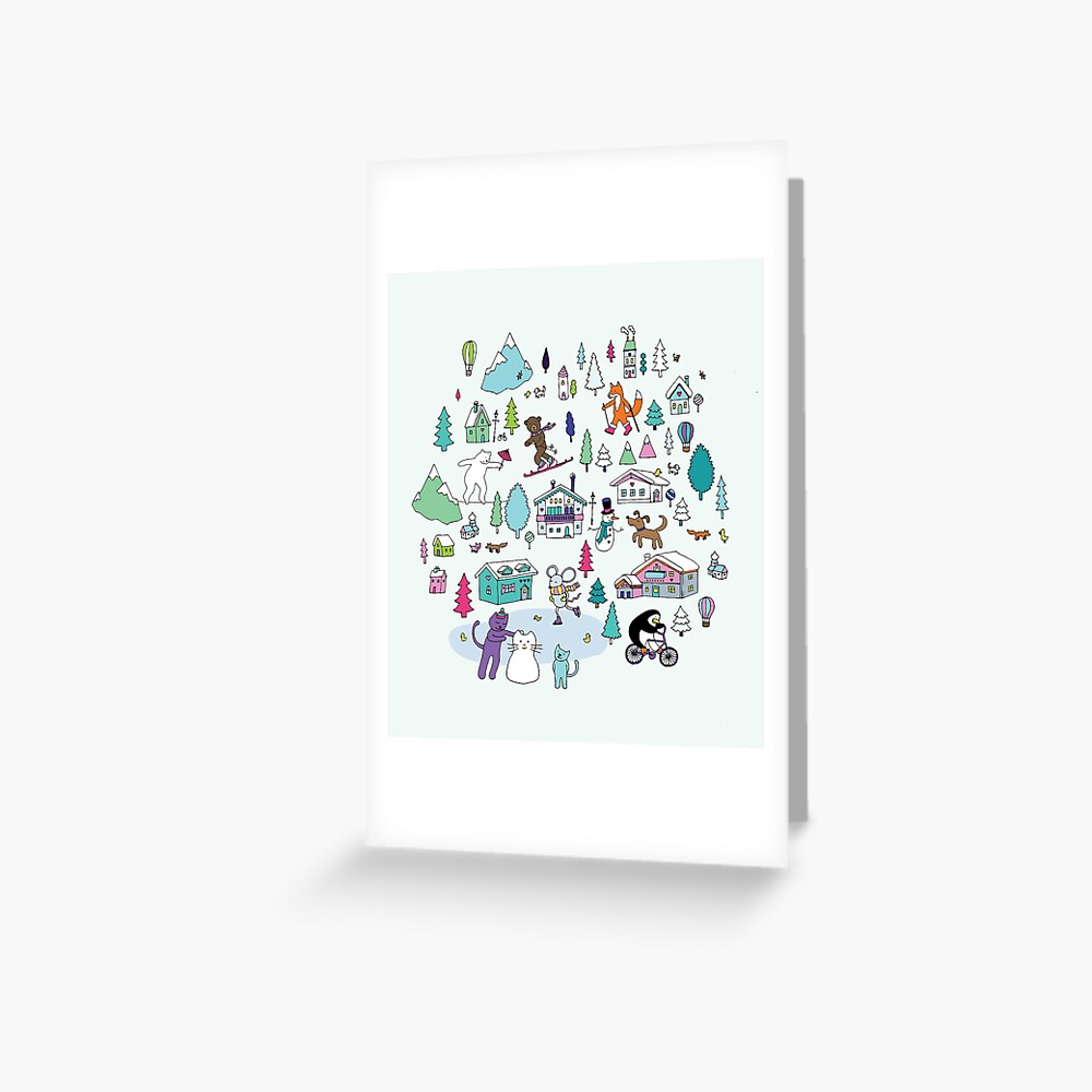 Alpine Animal Antics - original - Cute winter pattern by Cecca Designs Greeting Card