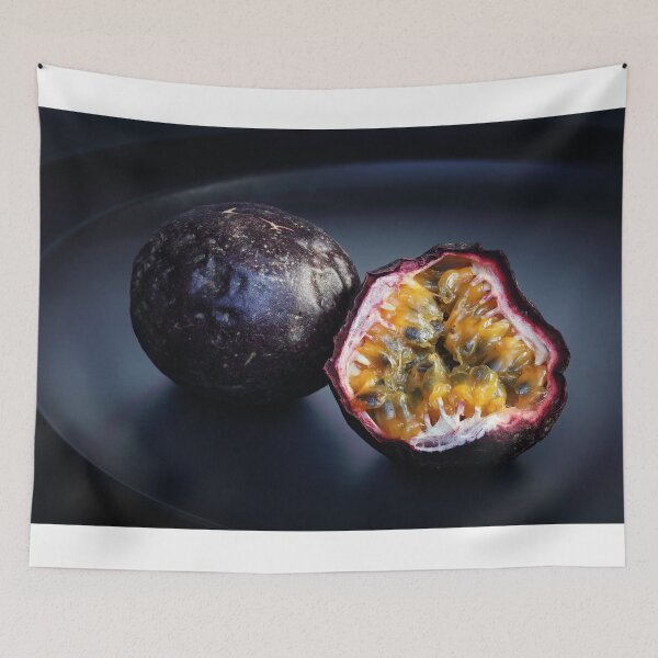 Item preview, Halved Passion fruit on black plate designed and sold by Johan Swanepoel.