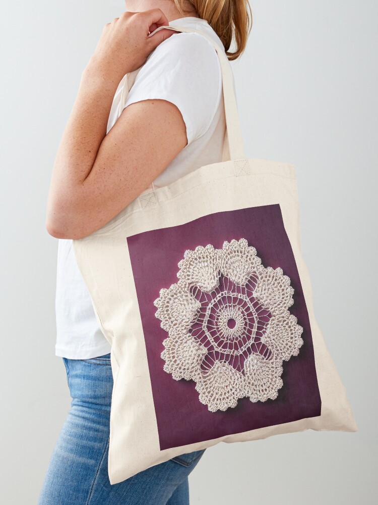 Crochet Doily Pattern White on Purple Tote Bag