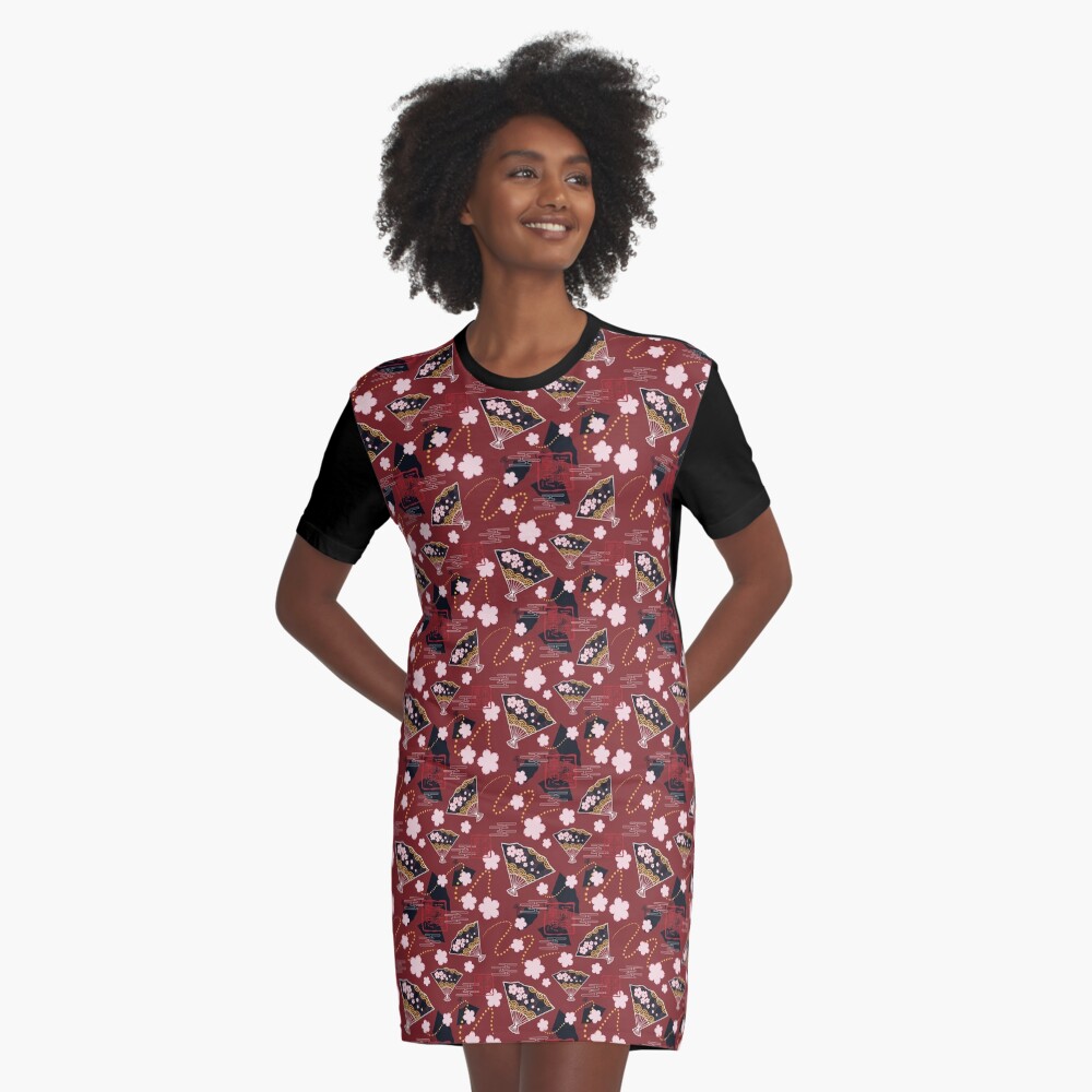 Asian Fans in Red Graphic T-Shirt Dress