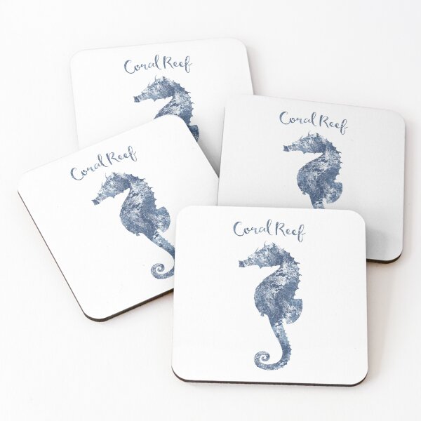 Item preview, Sponge painted Seahorse Coral Reef silhouette, delft blue nautical art designed and sold by Glimmersmith.