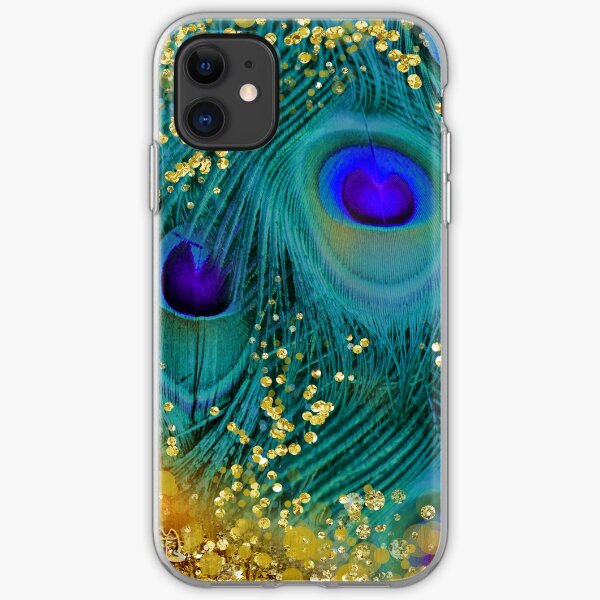 Dreamy peacock feathers, teal and purple, glimmering gold iPhone Soft Case