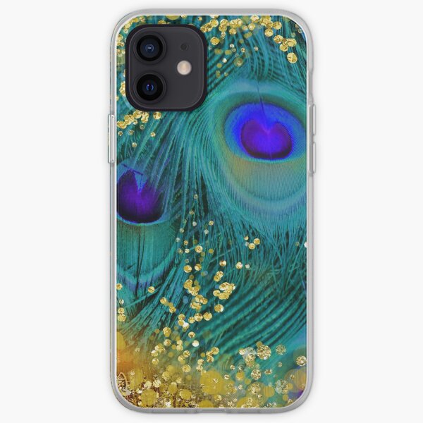 Dreamy peacock feathers, teal and purple, glimmering gold iPhone Soft Case