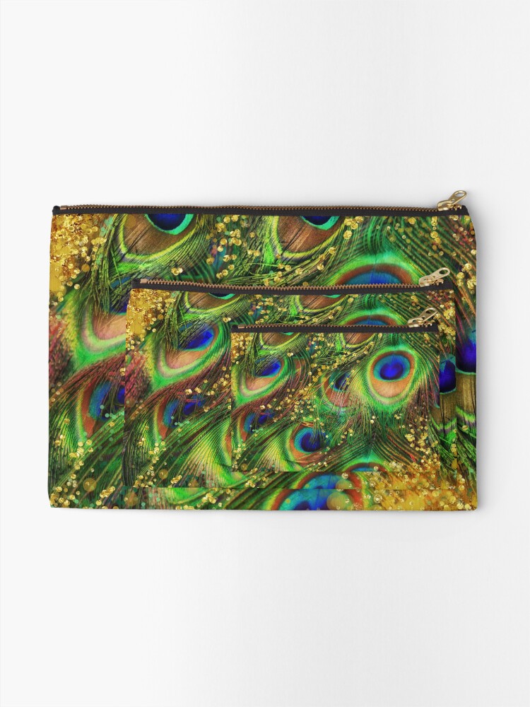 Alternate view of Fantasy Peacock Feathers laden with gold Zipper Pouch