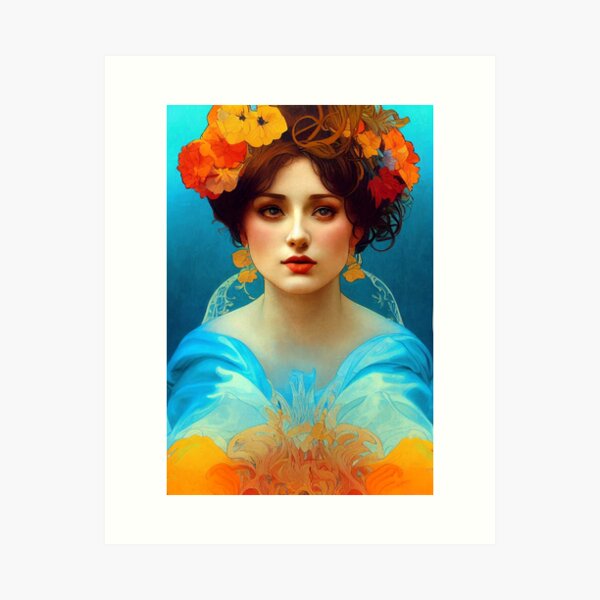 Item preview, Art Nouveau Beauty in Blue and Gold, Vintage, Mucha, Gilded Age designed and sold by AllRealities.