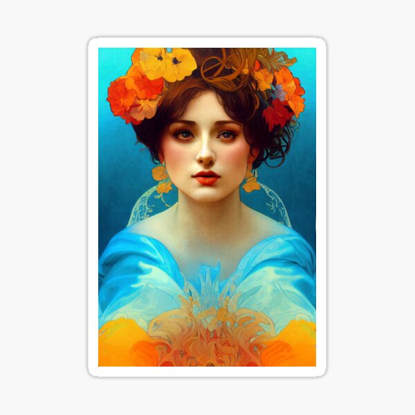 Aperçu de l'œuvre Beauté Art Nouveau en Bleu et Or, Vintage, Mucha, Gilded Age créée et vendue par AllRealities.