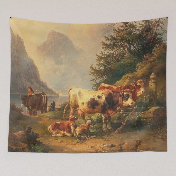 Item preview, Herd of Animals with Shepherdess on the Lakeside | Edmund Mahlknecht | 1890 Animal Nature Art designed and sold by CJET.
