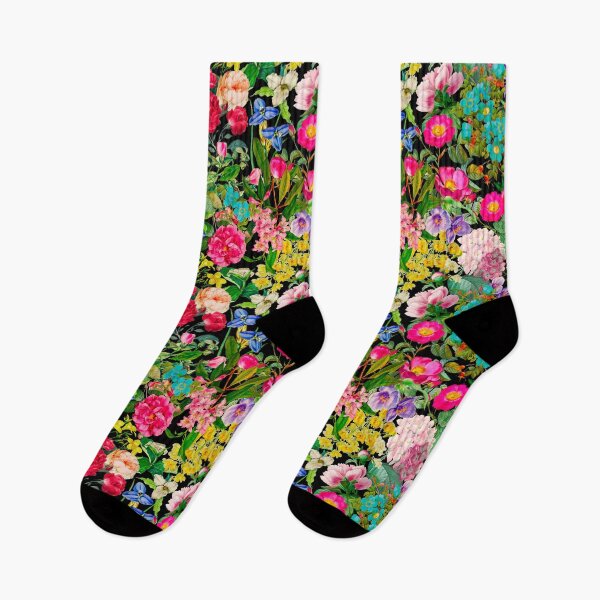 Item preview, Vintage flowers and roses blossoming summer garden, botanical pattern, floral illustration, black colorful vintage floral designed and sold by ZeinabTaha.