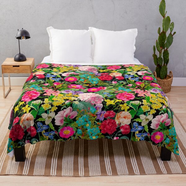 Item preview, Vintage flowers and roses blossoming summer garden, botanical pattern, floral illustration, black colorful vintage floral designed and sold by ZeinabTaha.