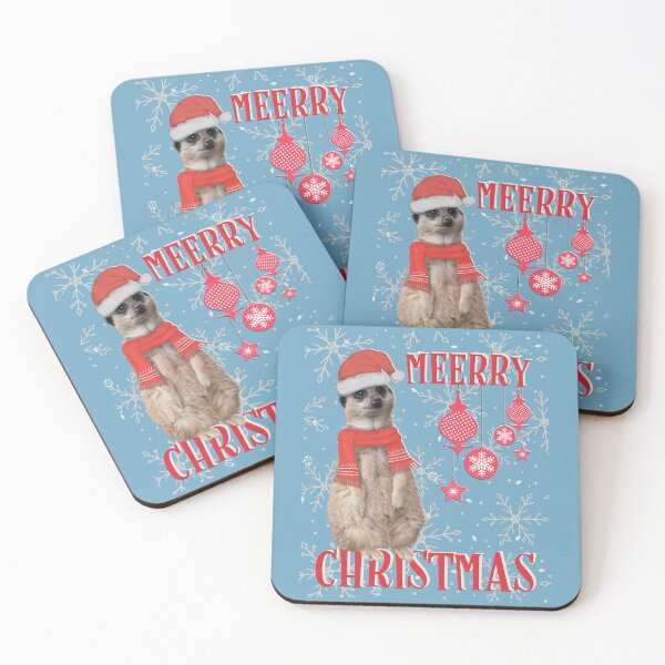 Item preview, Merry Christmas (Meerry) - Meerkat in Christmas hat & scarf on blue background designed and sold by tinytiger77.