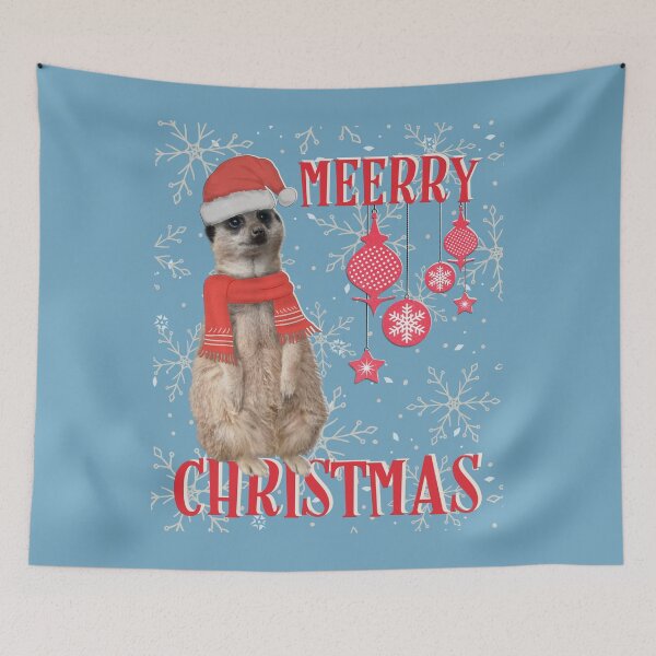 Aperçu de l'œuvre Joyeux Noël (Meerry) - Suricate en chapeau et écharpe de Noël sur fond bleu créée et vendue par tinytiger77.