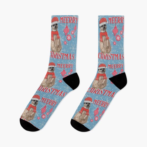 Item preview, Merry Christmas (Meerry) - Meerkat in Christmas hat & scarf on blue background designed and sold by tinytiger77.
