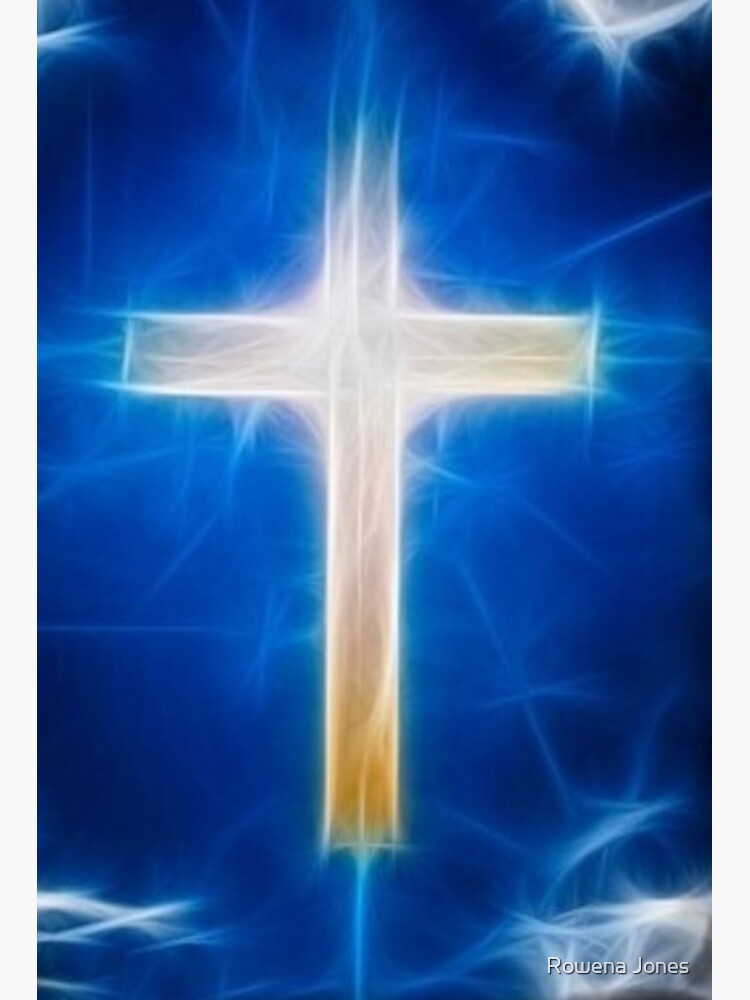 Poster for Sale mit Helles christliches Kreuz auf blauem Hintergrund ..2.  von Rowena Jones
