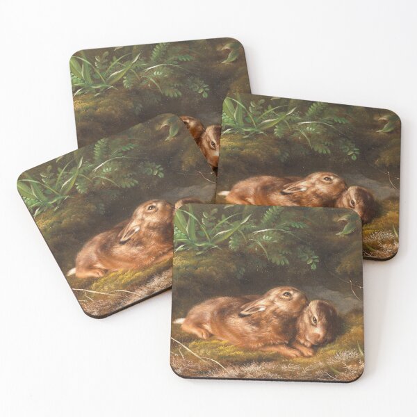 Item preview, Two Rabbits in the Moss | Johannes Christian Deiker | 1890 Animal Nature Art designed and sold by CJET.