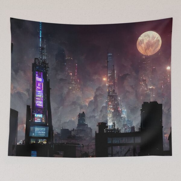Item preview, Cyberpunk City under a full moon designed and sold by Maskedpainter.