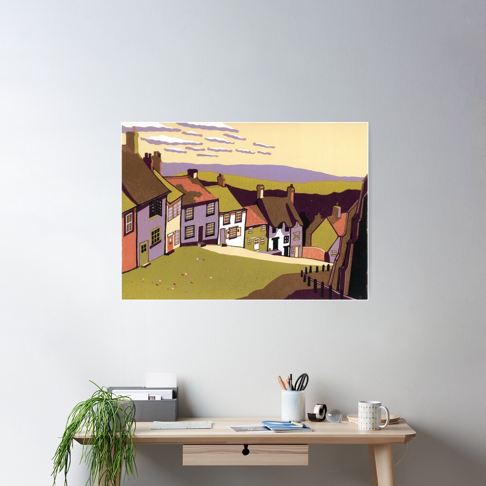 Gold Hill - Original linocut by Francesca Whetnall Poster