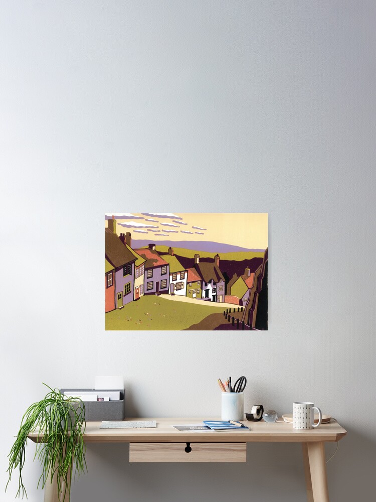 Thumbnail 2 of 3, Poster, Gold Hill - linocut by Francesca Whetnall designed and sold by Cecca-Designs.