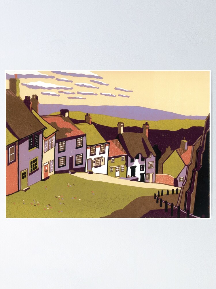 Thumbnail 1 of 3, Poster, Gold Hill - linocut by Francesca Whetnall designed and sold by Cecca-Designs.