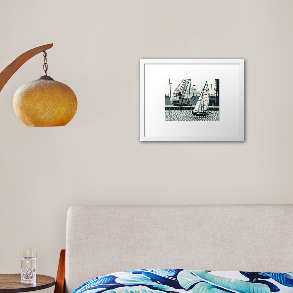 Poole Quay - Original linocut by Francesca Whetnall Framed Art Print