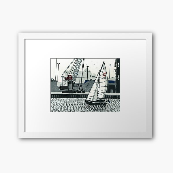 Poole Quay - Original linocut by Francesca Whetnall Framed Art Print