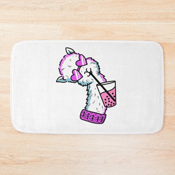 Item preview, happy llamma drinking pink bubble tea and wearing cerise heart shaped sunglasses cute gift designed and sold by AnanasArt.